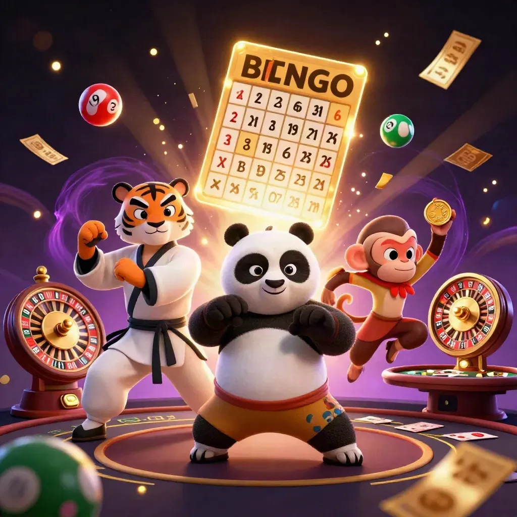 Kung-fu tiger, panda, and monkey in a glowing casino key art scene with spinning games