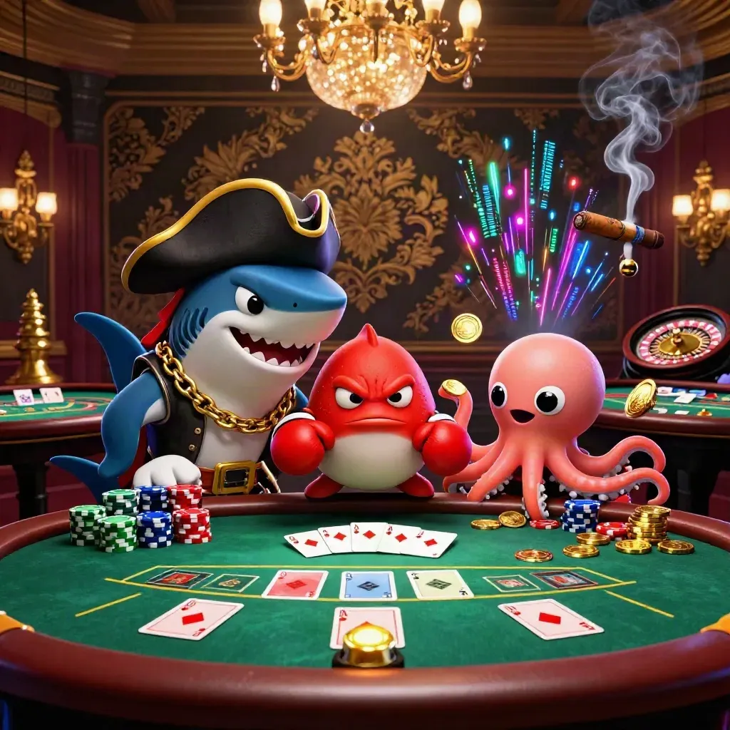 Pirate shark, boxing pufferfish, and coin-juggling octopus in a luxe casino explosion.