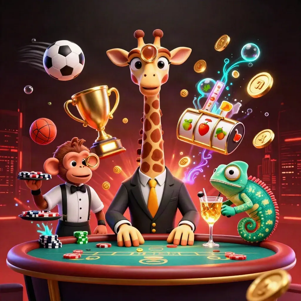 Luxe casino key art with a giraffe, monkey, and chameleon amid coins, trophy, and neon glow.