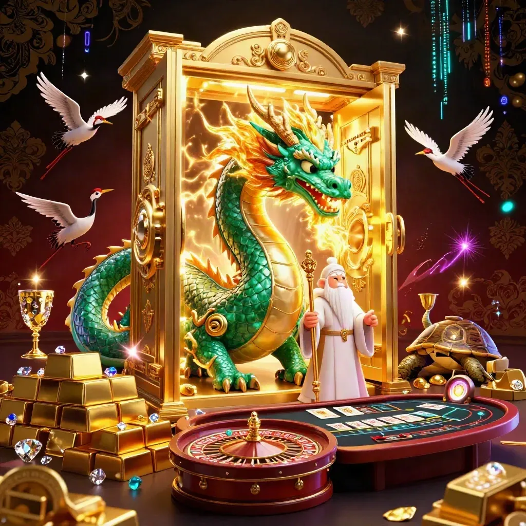 Emerald dragon, sage turtle, and cranes amid gold bars, vault light, and casino glam.