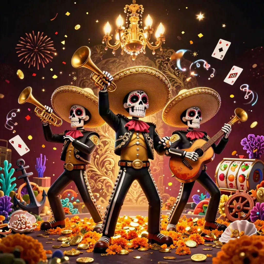 Day-of-the-Dead mariachi skeleton trio in a casino treasure cove with coins, coral, fireworks, and gold glow