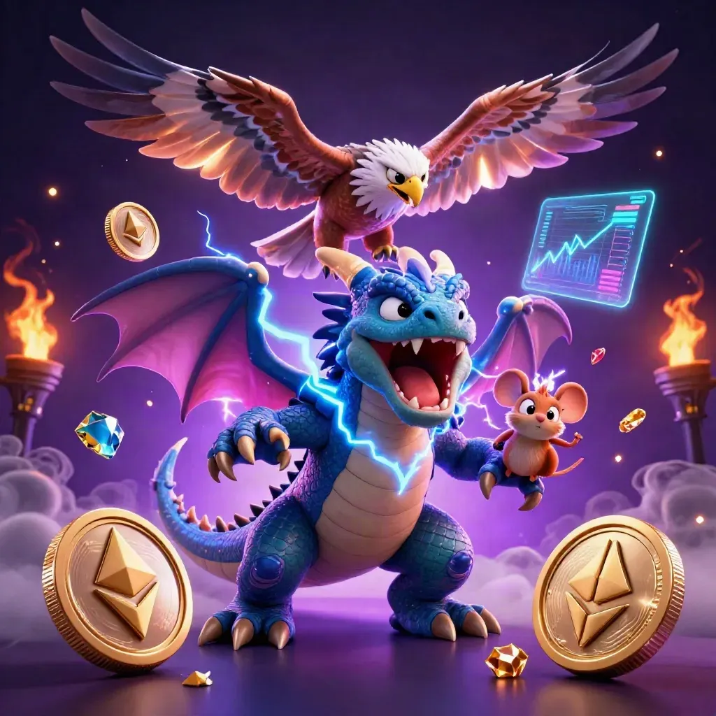 Thunder dragon, wind hawk, and thunder-mouse amid neon coins, lightning, and casino magic.