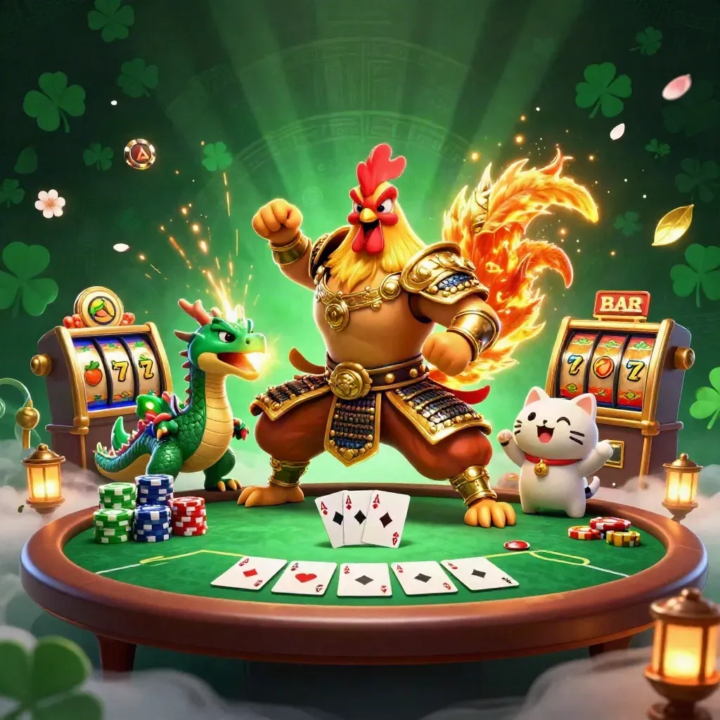 Rooster warrior, spark-breathing dragon hatchling and fortune cat amid casino loot and emerald glow.