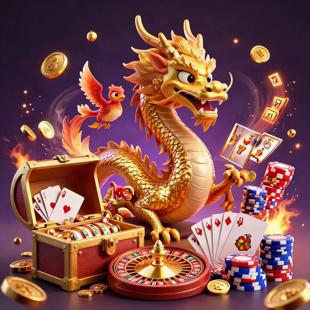 Golden dragon with phoenix and koi explode around casino treasures in a purple starfield