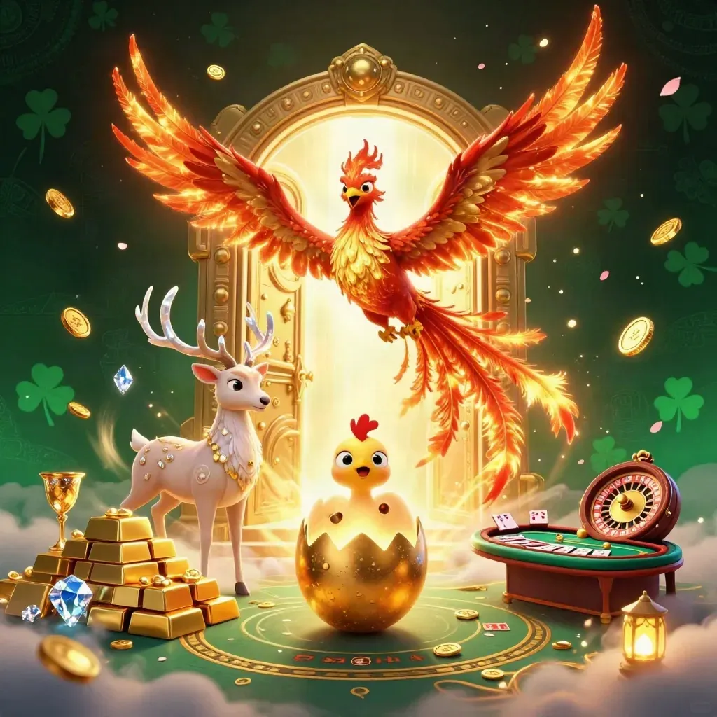Phoenix trio bursts from a vault with coins, gems, fireworks, roulette, and casino tables in gold and emerald.
