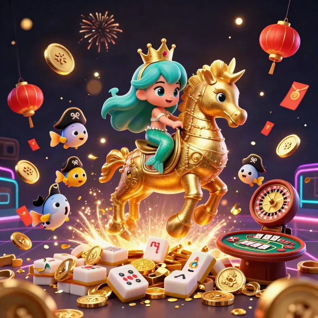 Mermaid princess on a golden seahorse amid coins, lanterns, fireworks, and casino treasures.