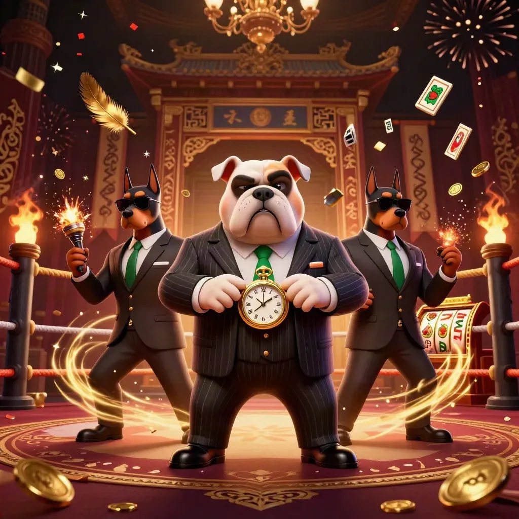 Boss bulldog with two Dobermans in a neon casino temple scene with coins, confetti, and fireworks.