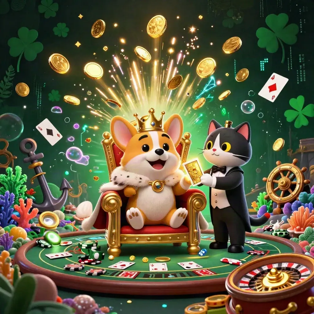 Royal corgi king and cat butler amid coins, treasure, coral, cards, and casino lights.