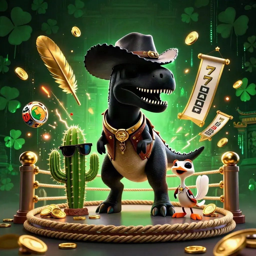 Cowboy T-Rex trio bursting through a gold-lit casino arena with reels, coins, and lightning.