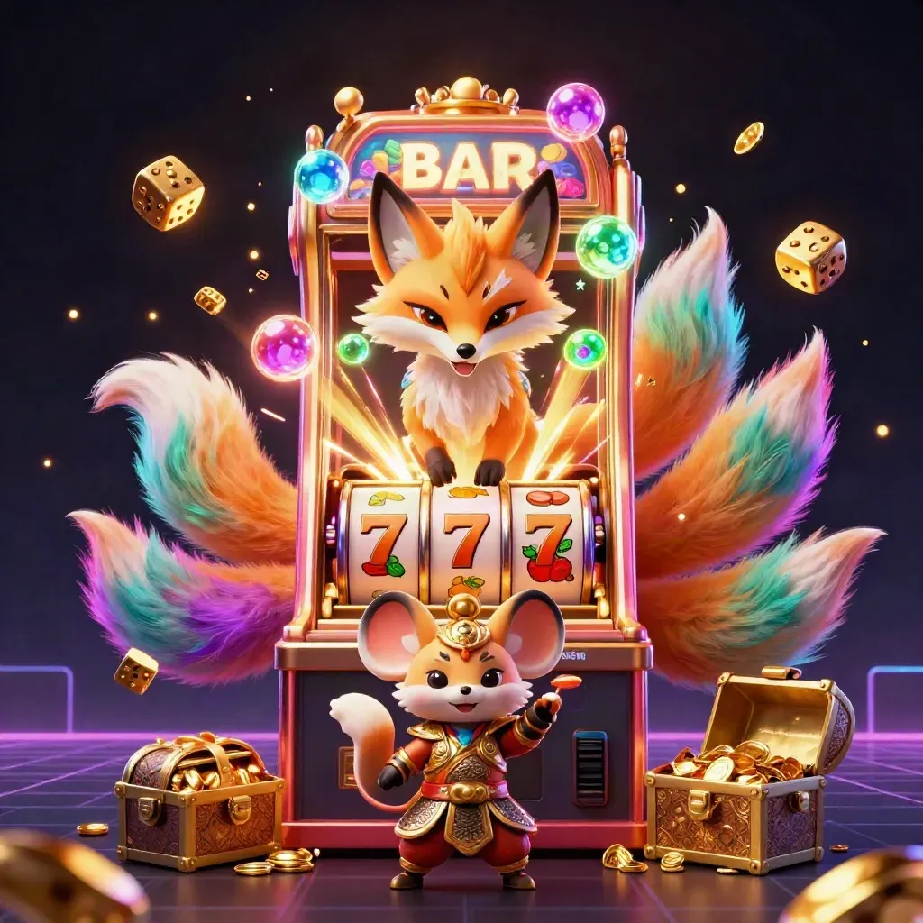 Fox spirit and samurai mouse amid jackpots, gold, and glowing casino symbols.