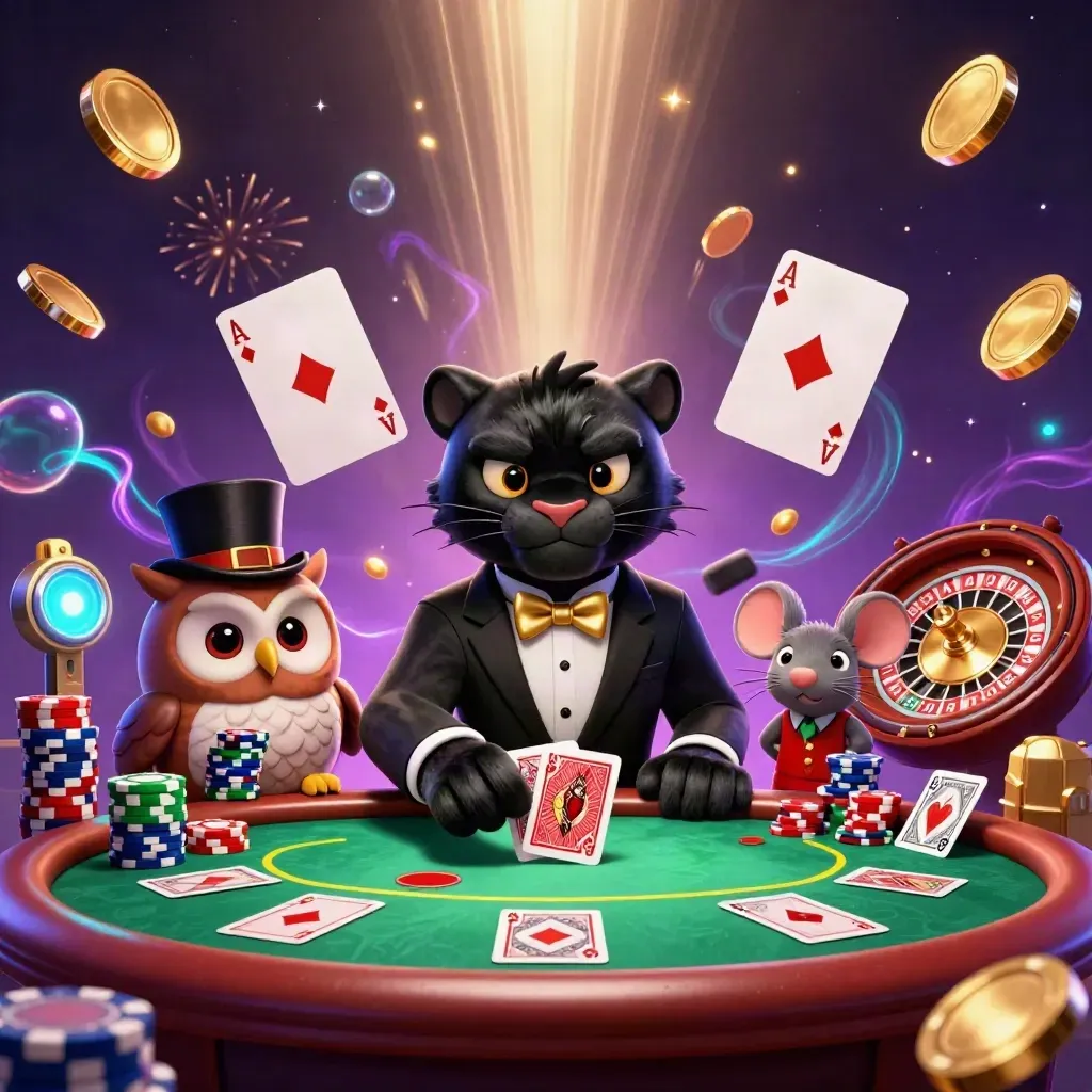 Panther, owl, and mouse deal cards amid casino treasure, chips, and glowing neon effects.