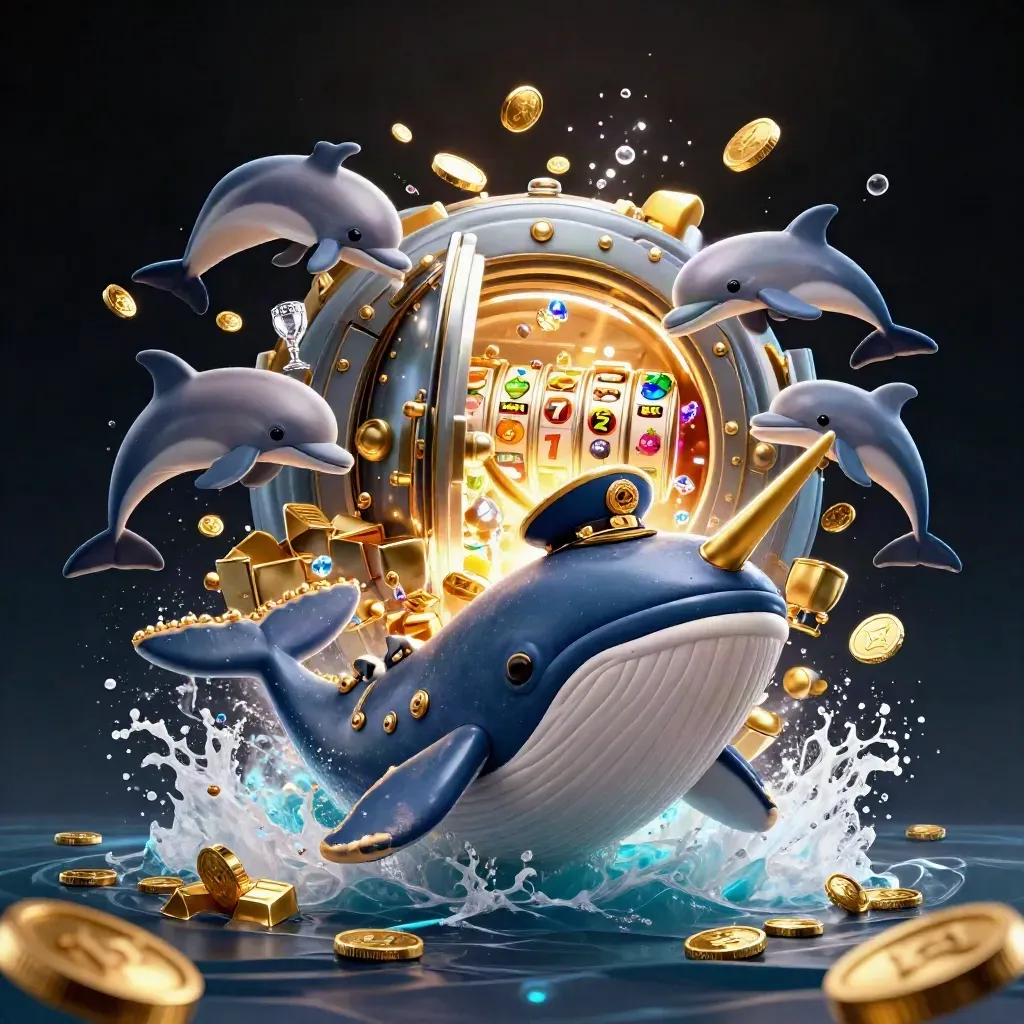 Whale captain, narwhal, and dolphins amid gold coins, vault light, and slot symbols