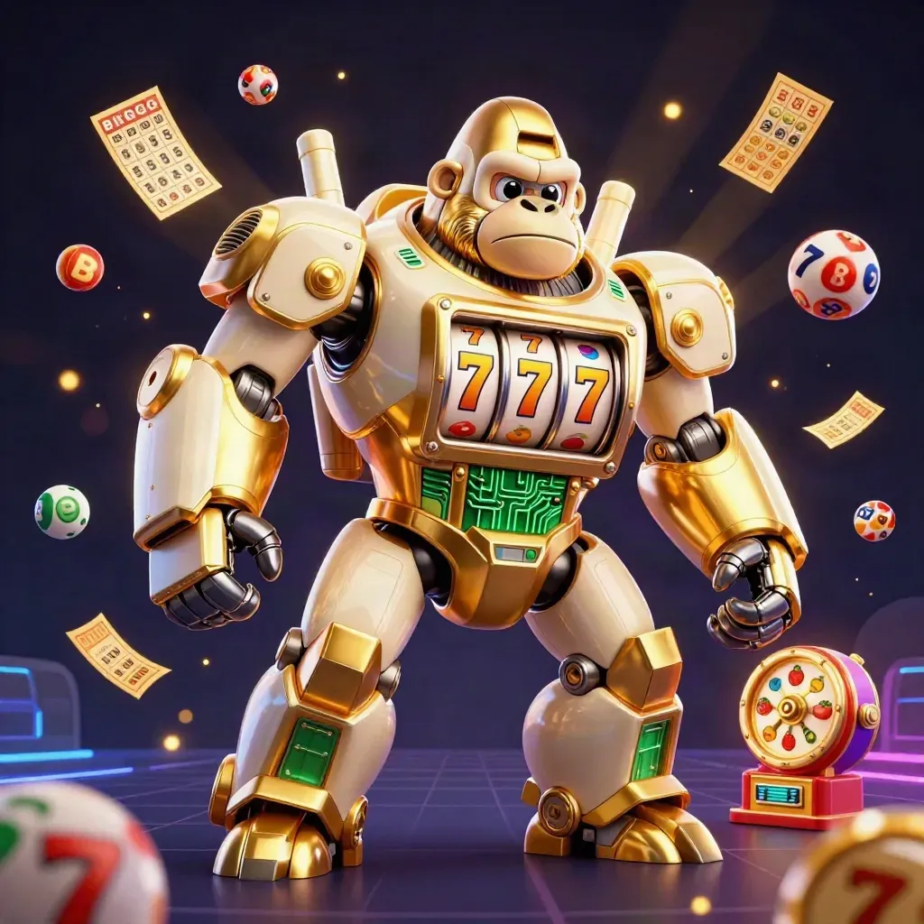 Golden gorilla slot-mech with tiny pilot, reels, lottery balls and prize wheel on dark neon casino glow.