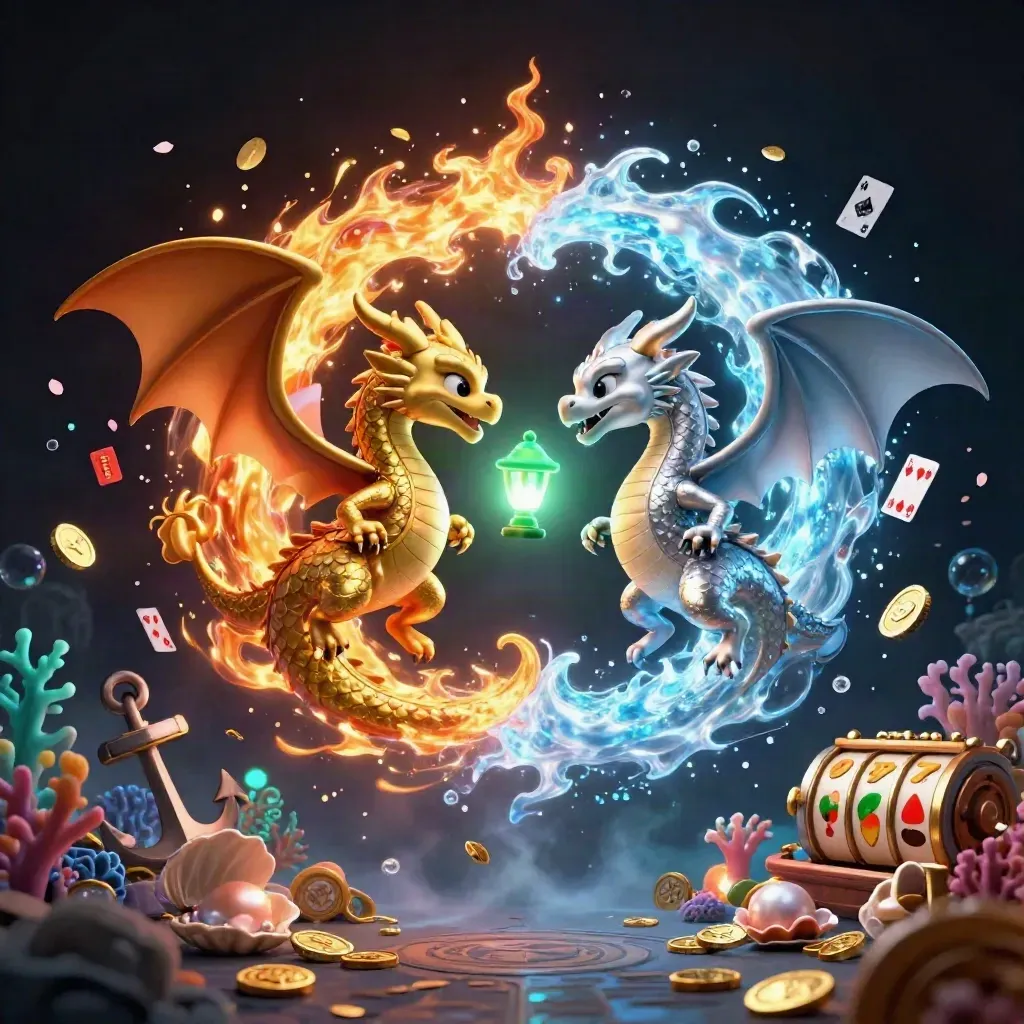Twin gold and silver dragons swirl around a lantern spirit in a neon casino fantasy underwater scene.