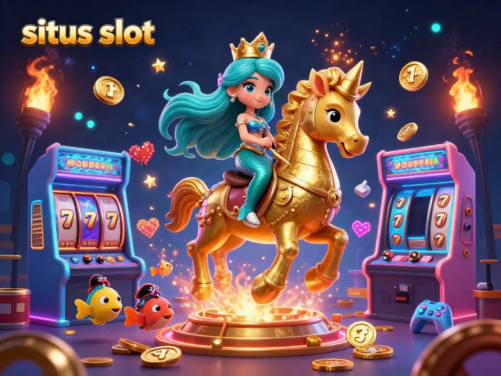 Engage with situs slot as a vibrant mermaid princess rides a golden armored seahorse amidst dynamic gaming elements.
