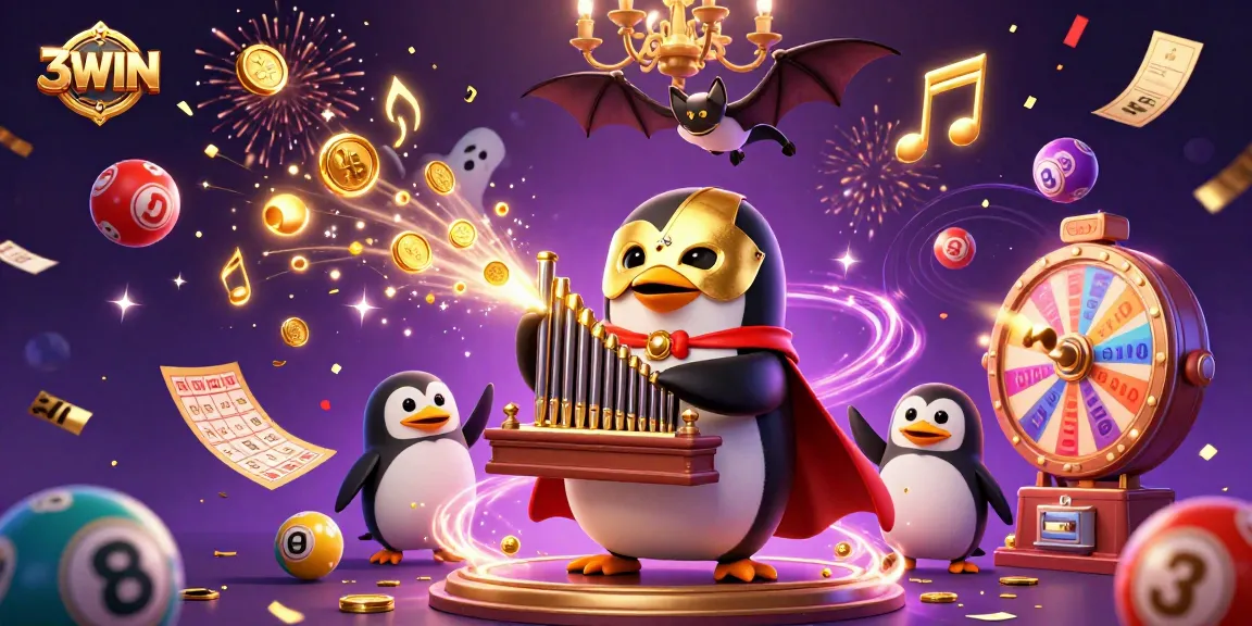 3WIN penguin organist entertains with golden coins and festive lottery themes while playing.