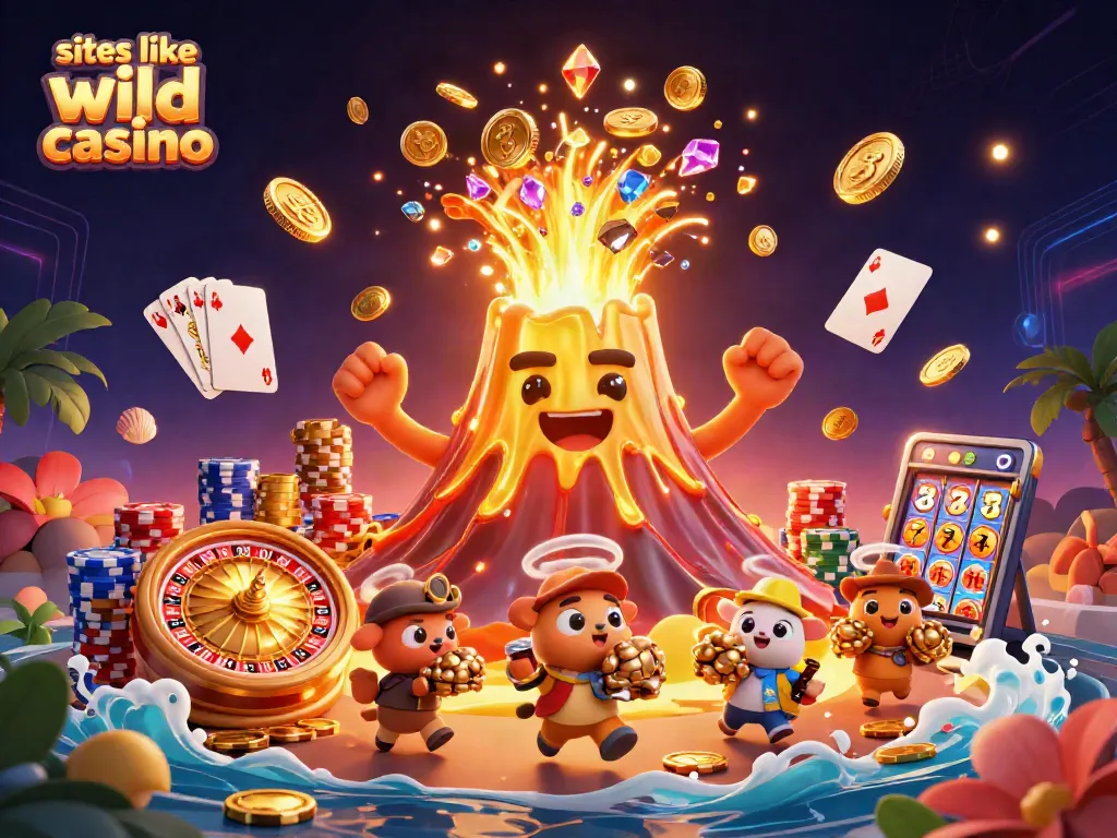 Win big with sites like Wild Casino featuring a dynamic 3D illustration of a volcano and treasure.