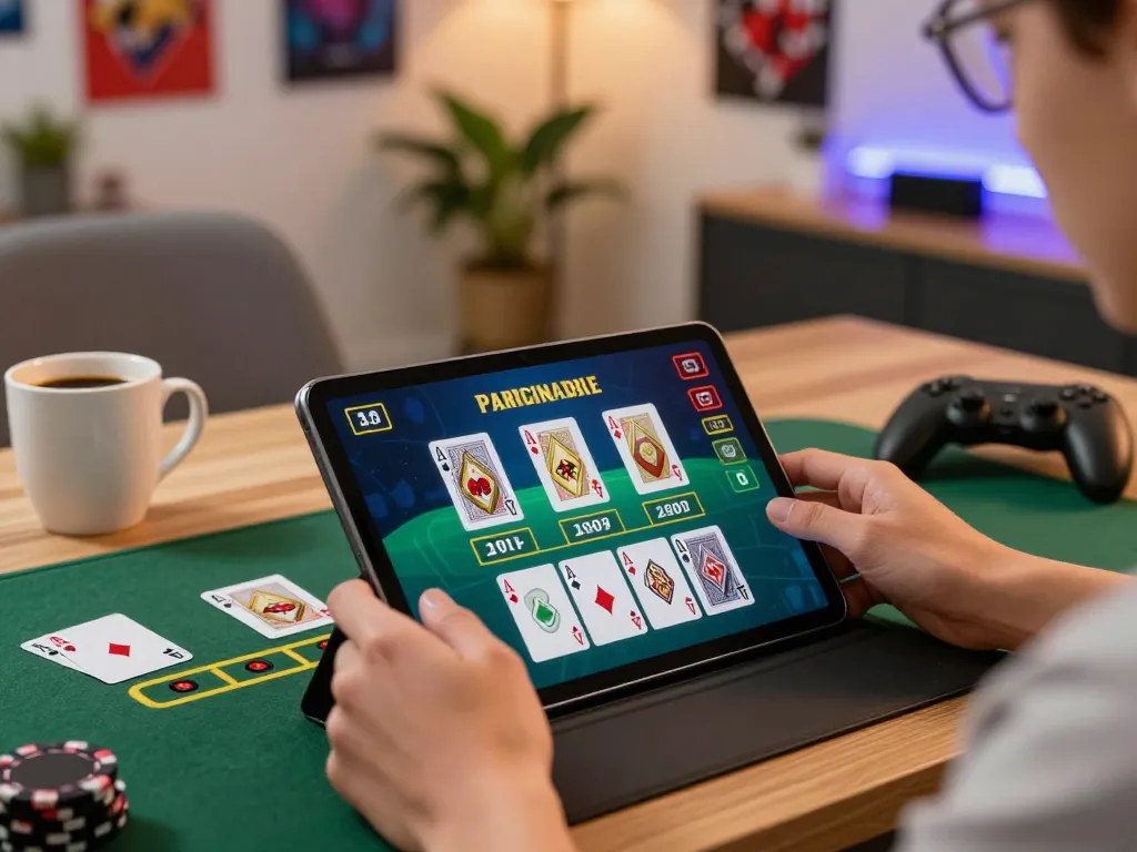 Gaining strategic insights at trang chủ fly88 while playing blackjack on a tablet in a cozy home office.