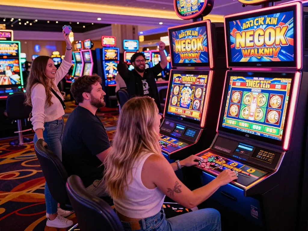 Excited players enjoying the vibrant link slot machine at a Las Vegas casino.