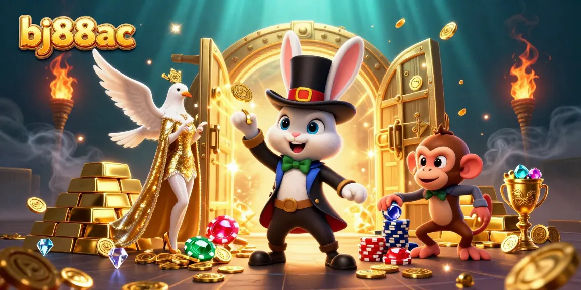 Experience exhilarating wins with bj88ac's magical 3D casino scene featuring playful characters and treasure.