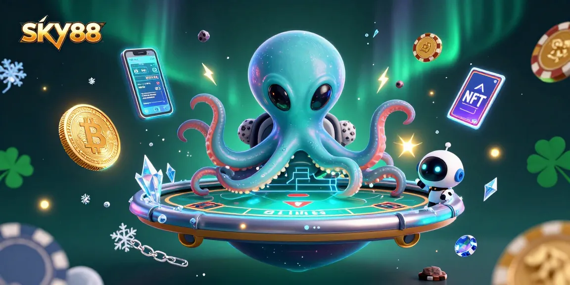 SKY88 showcases an alien octopus in a space suit at a holographic poker table, surrounded by crypto coins.