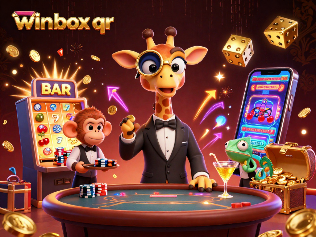 Winbox QR celebration scene with a high-roller giraffe, monkey valet, and chameleon bartender amidst a jackpot explosion.