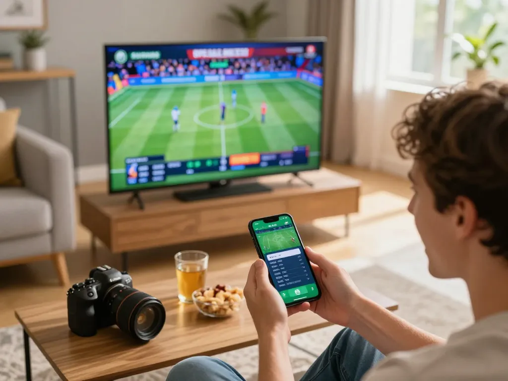 mb88 user engaging with live sports betting on smartphone while celebrating with friends in a cozy living room.
