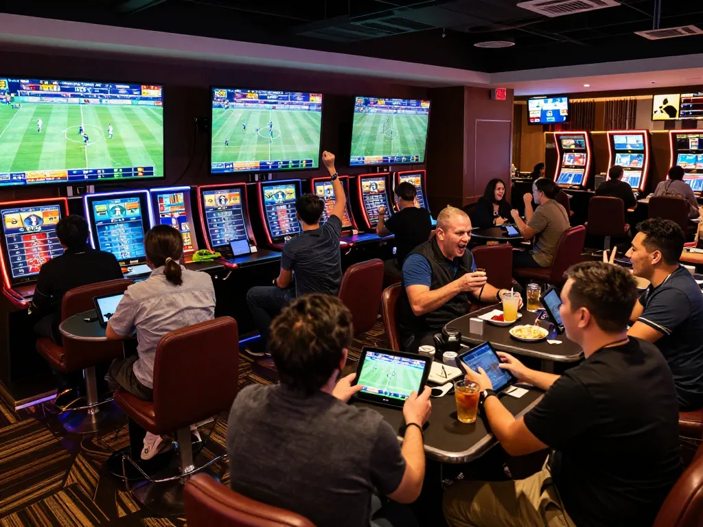 Engaged bettors at n188 com enjoy lively sports betting with screens showing events.