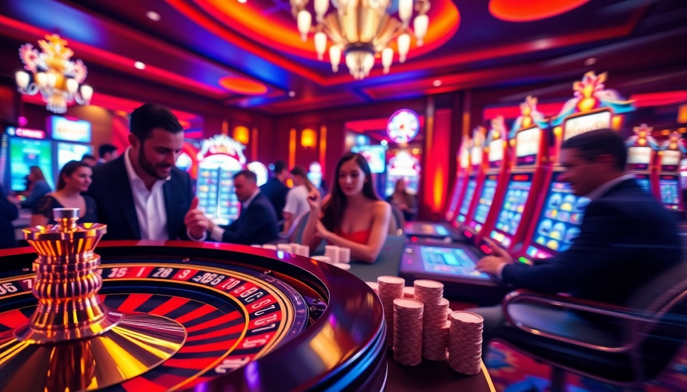 Exciting casino action featuring slot machines and poker chips at https://go88vn.id/ with vibrant colors.