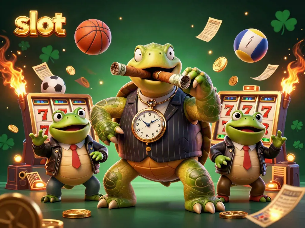 Engage with slot machines in a vibrant scene featuring a snapping turtle and bullfrog enforcers amidst dynamic gambling elements.