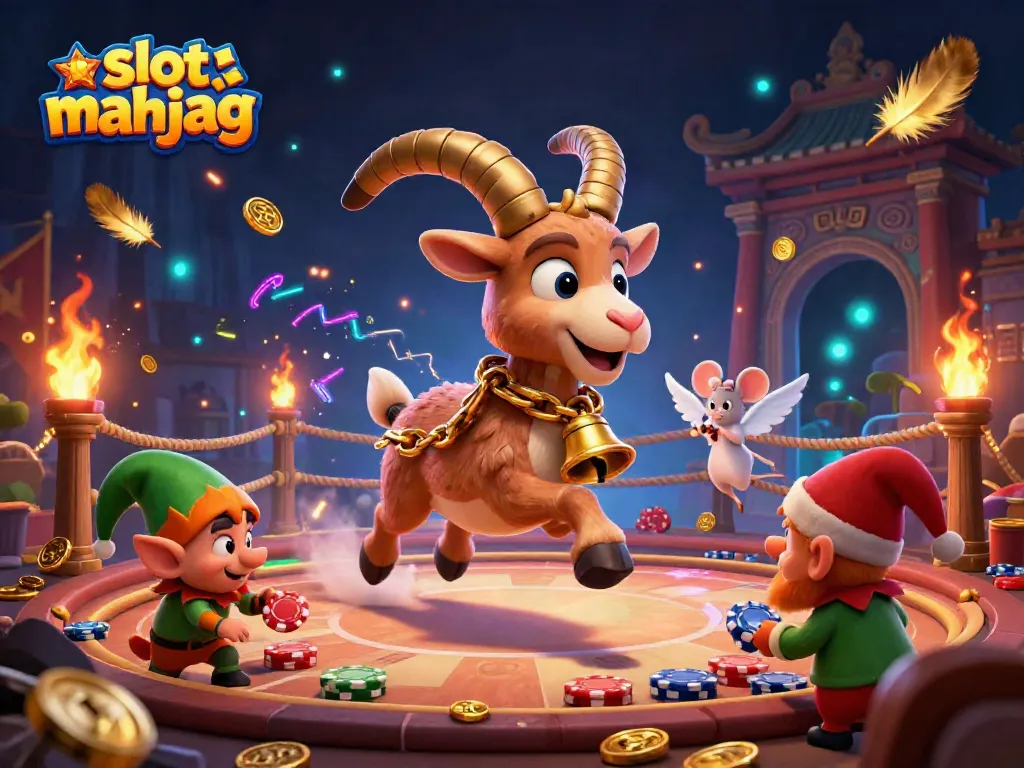 Engage with slot mahjong in this dynamic 3D scene showing Krampus and friends at a busy casino.