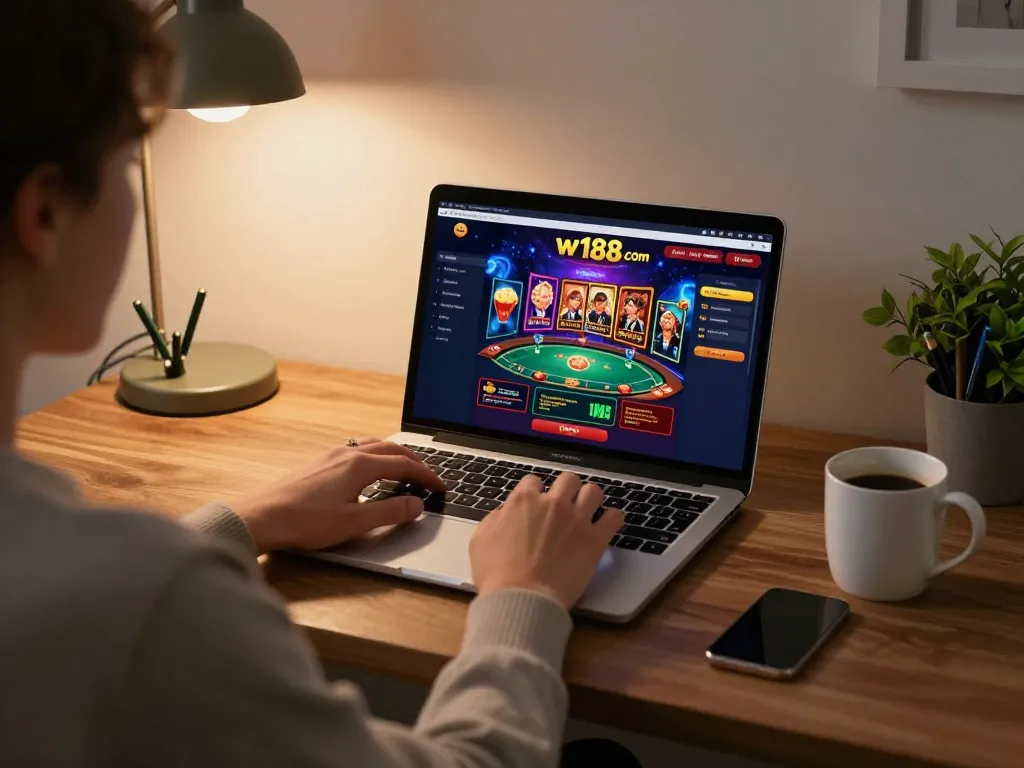 Playing poker on w188 com with vibrant graphics in a cozy home setting