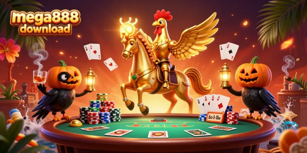 Join the fun with mega888 download, featuring a golden rooster in a midnight casino surrounded by poker elements.