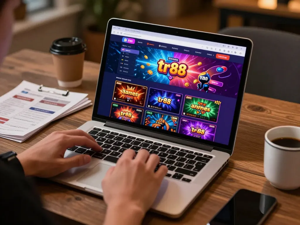 Engaging with tr88 games on a laptop, showcasing vibrant online casino graphics and organized workspace.
