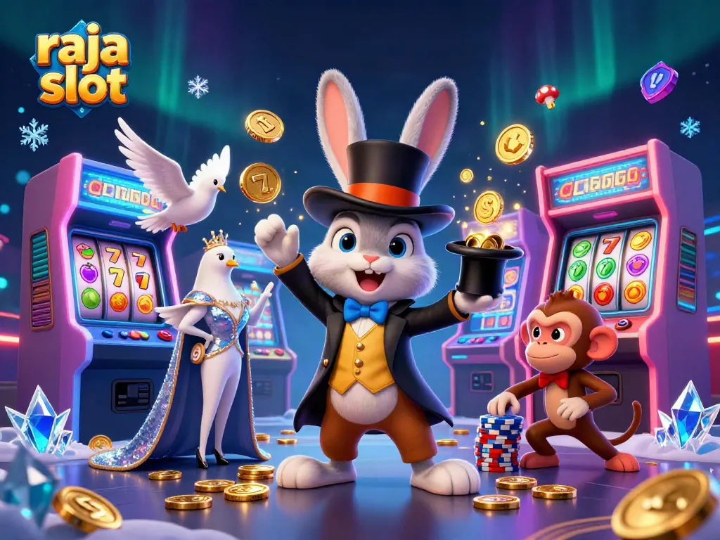 Visualisasi raja slot dikelilingi oleh karakter sihir dan mesin slot penuh koin emas.