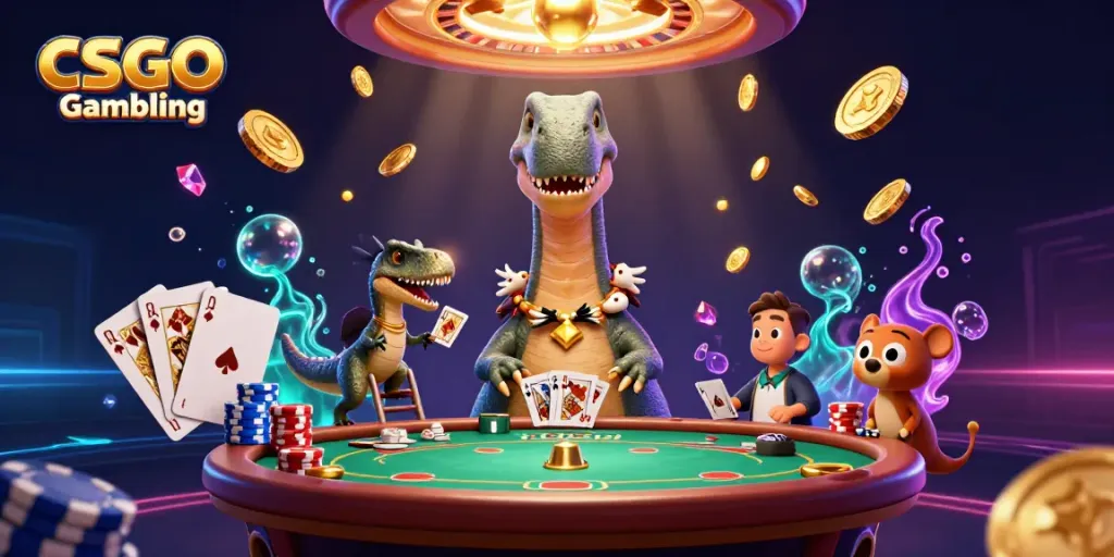Experience CSGO Gambling with a dinosaur-themed poker scene packed with action and vibrant elements.