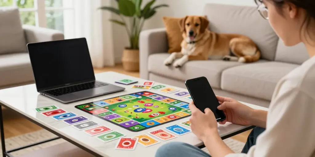 Engaged player enjoying Rumble Rummy on smartphone with cards spread in a cozy home setting.