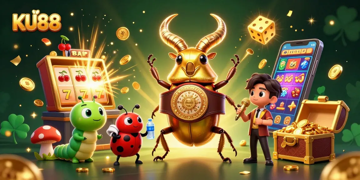 Experience the excitement of KU88 with a dynamic 3D casino illustration featuring jackpots and fun gaming elements.