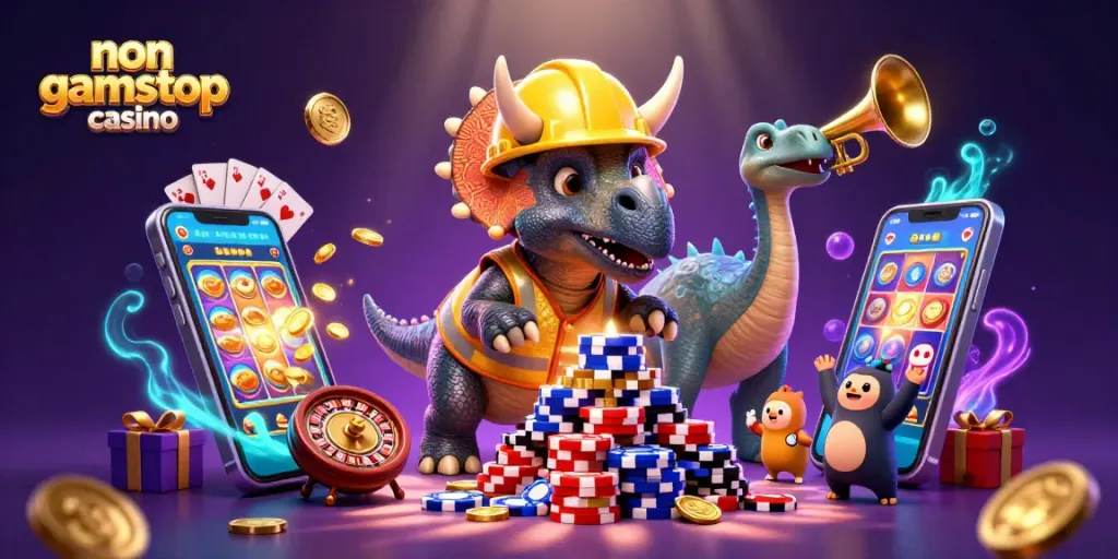 Engage with a fantastical non gamstop casino scene featuring vibrant characters and gaming elements.