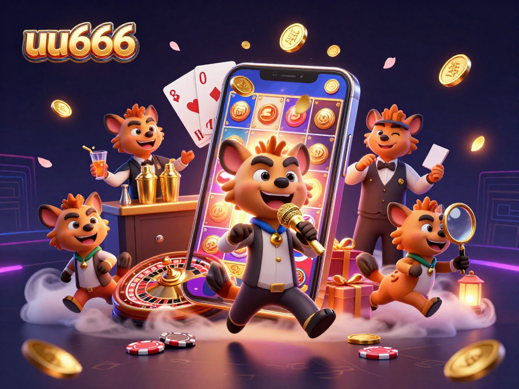 Join the fun at uu666's comedy casino club, featuring hyenas in a vibrant, rich scene.