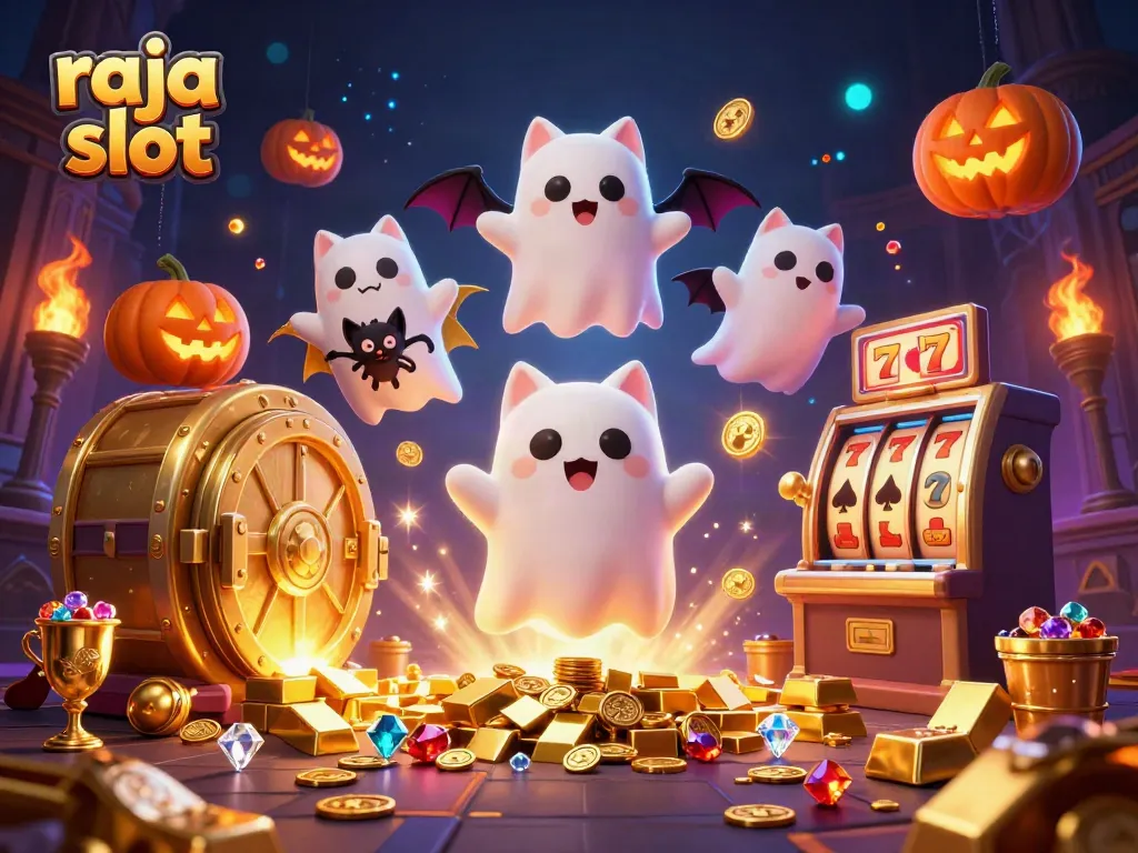 Ilustrasi raja slot menunjukkan karakter unik di kasino berhantu dengan elemen jackpot yang menakjubkan.