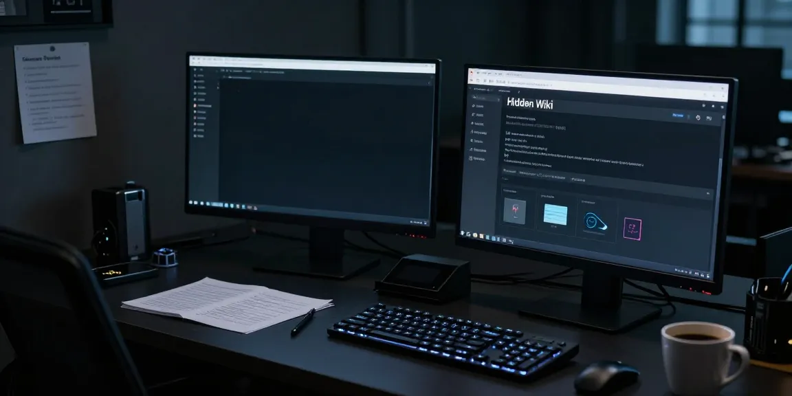 Exploring the hidden wiki interface on a darkened desk with tech gadgets and safety notes.
