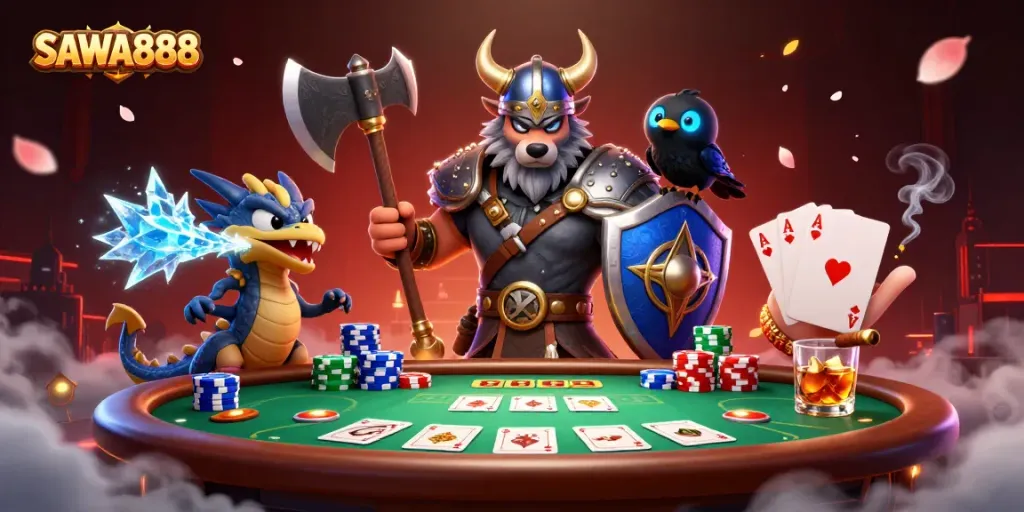 Engage in thrilling poker action with SAWA888 featuring fierce characters in a rich 3D illustration.