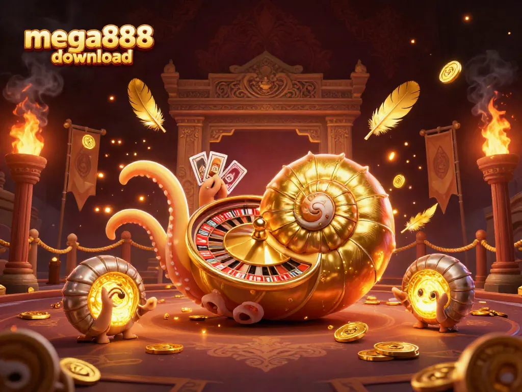 Experience the excitement of mega888 download with unique characters and glowing elements.