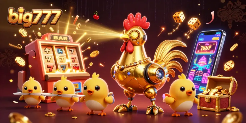 Experience the excitement of big777 with our animated golden rooster robot surrounded by vibrant casino elements.