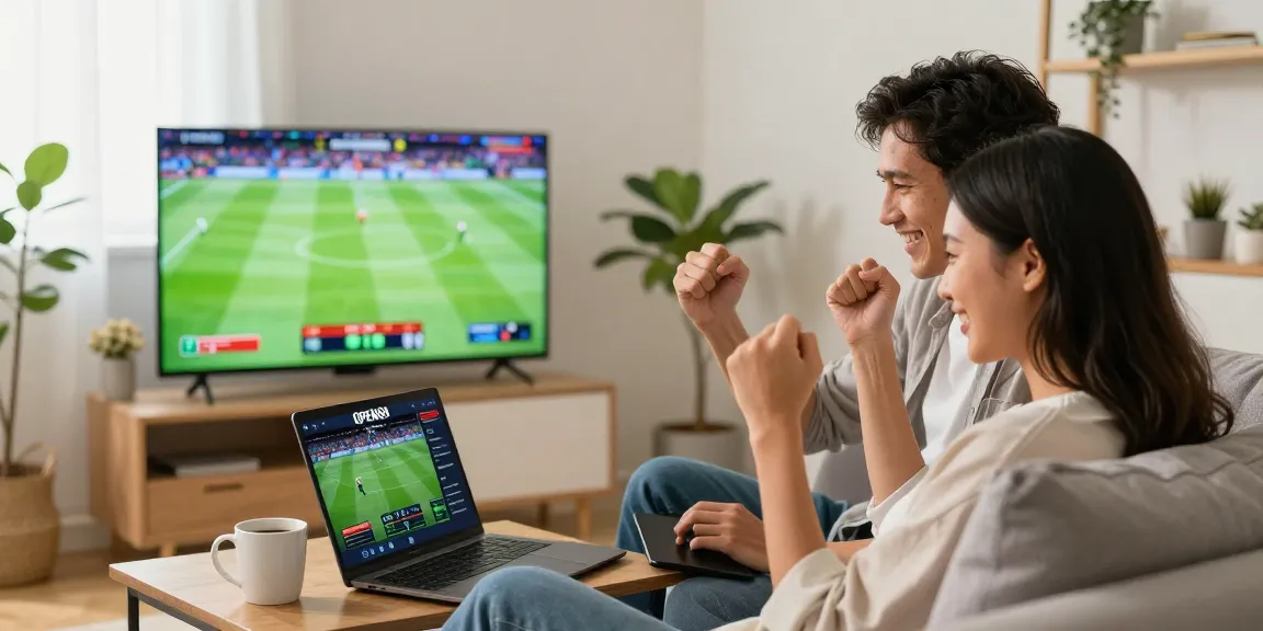 Couple enjoying online betting through https://open88c.com/ in a cozy living room.