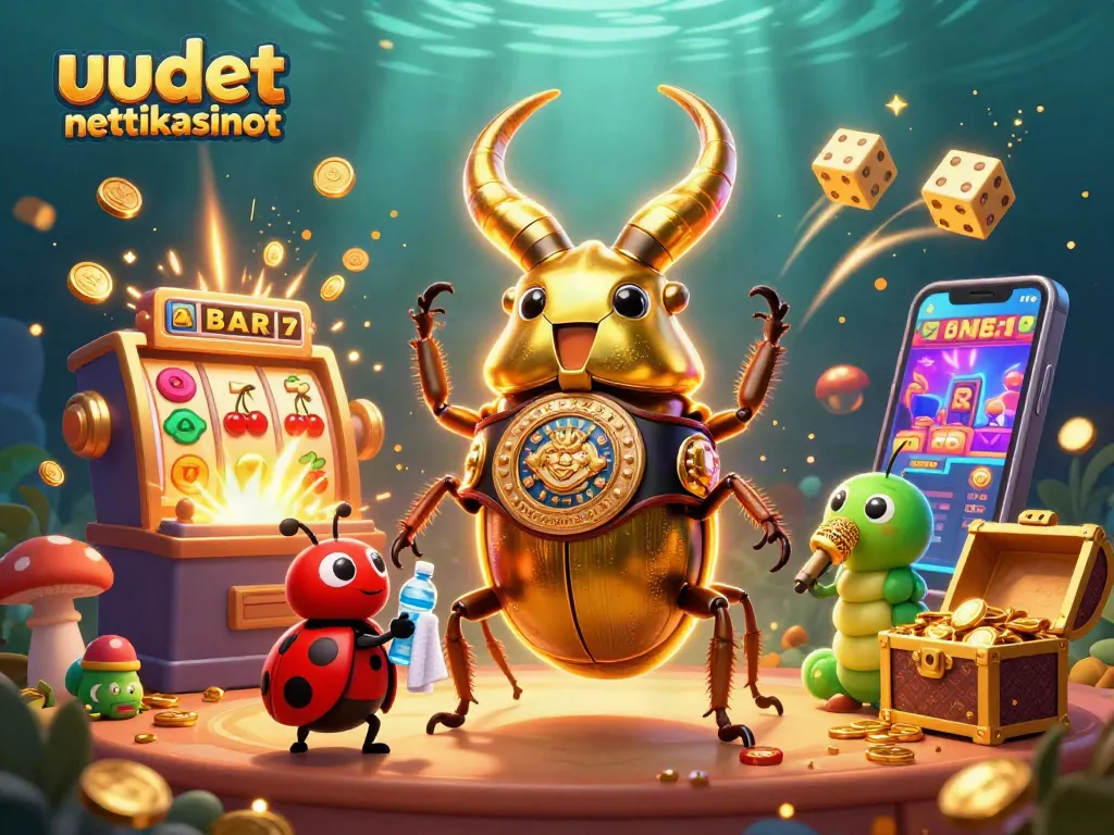 Uudet nettikasinot - dynaaminen 3D-kollaasi, jossa kultainen bokserisammakko ja jackpot-pelejä.