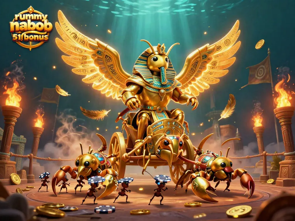 Mengalami bonus rummy nabob 51 yang luar biasa dengan ilustrasi kasino berwarna emas dan pemandangan kaya detail.