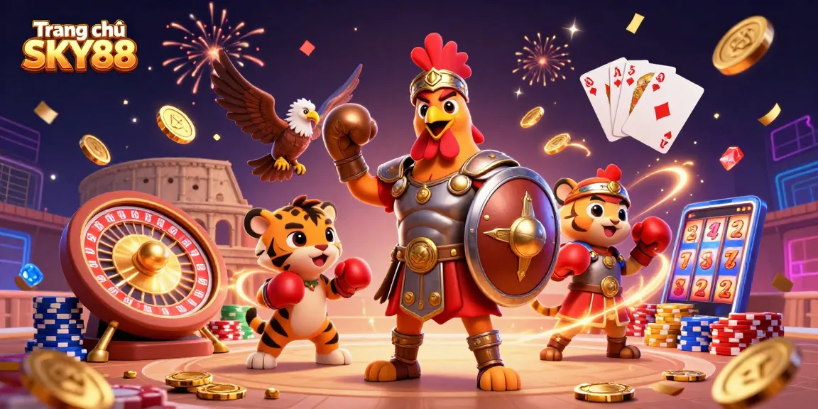 Experience the excitement of Trang chủ SKY88 with thrilling games in a dynamic, vibrant 3D scene.