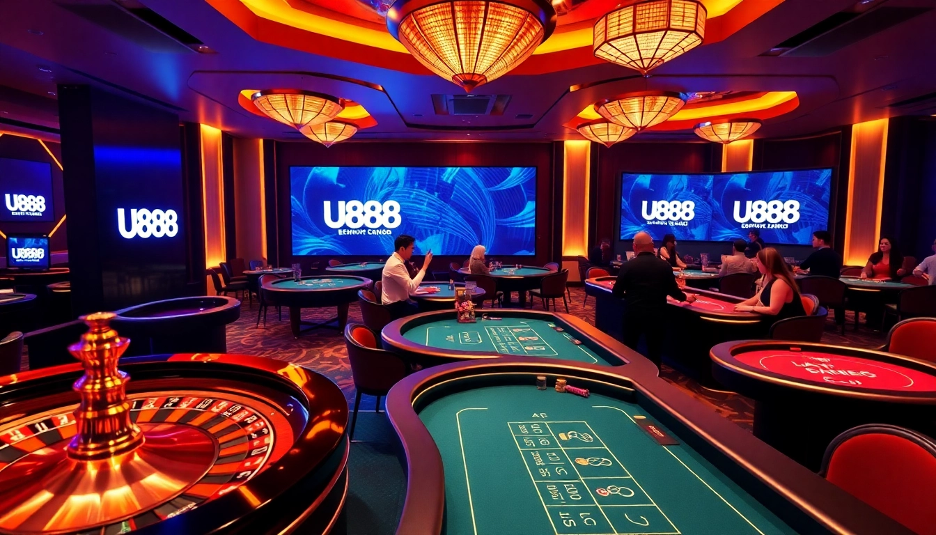 Experience elite gambling with U888, featuring lively poker tables and roulette wheels in an upscale casino.